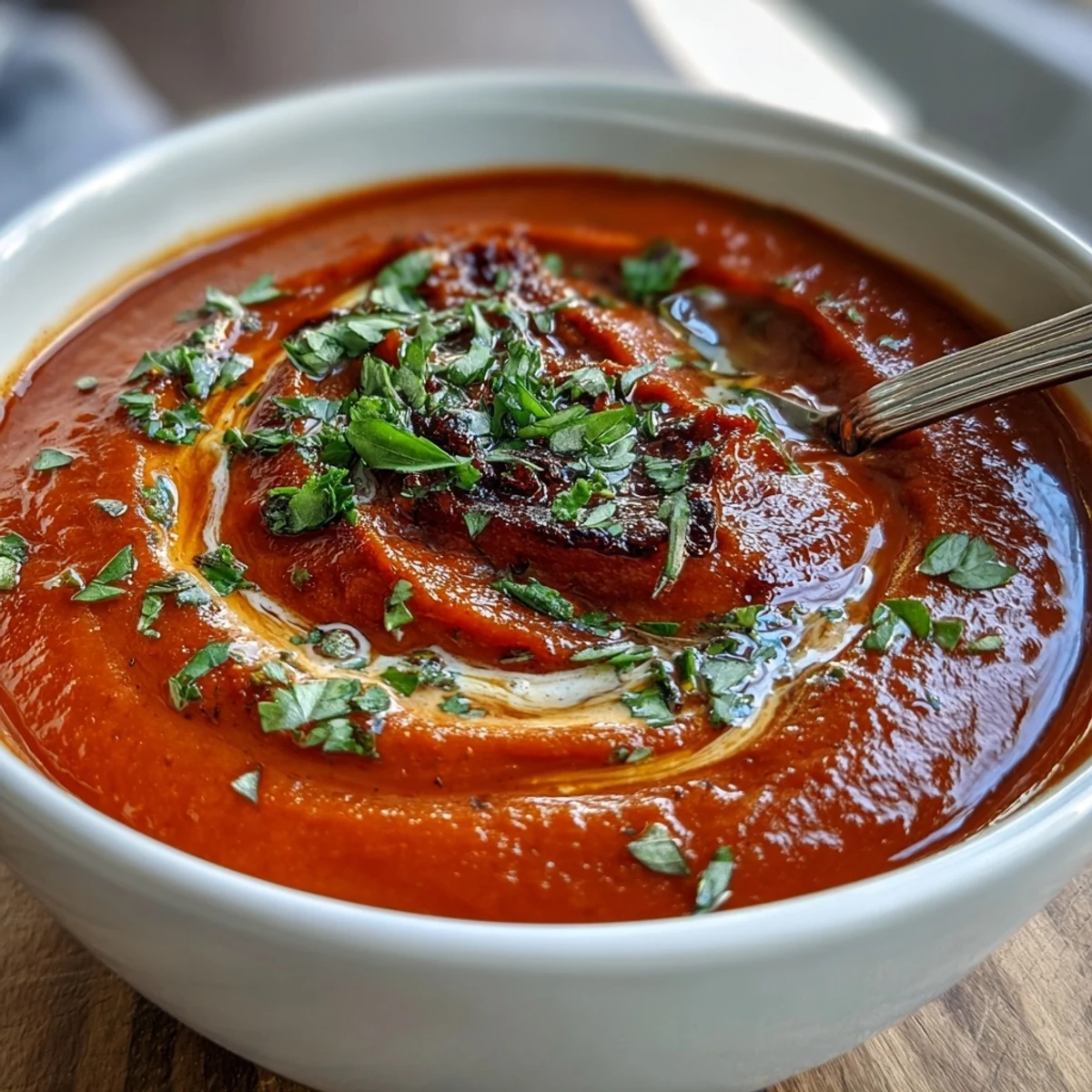 Vibrant Roasted Red Pepper Soup, a silky, comforting bowl with a hint of spice.