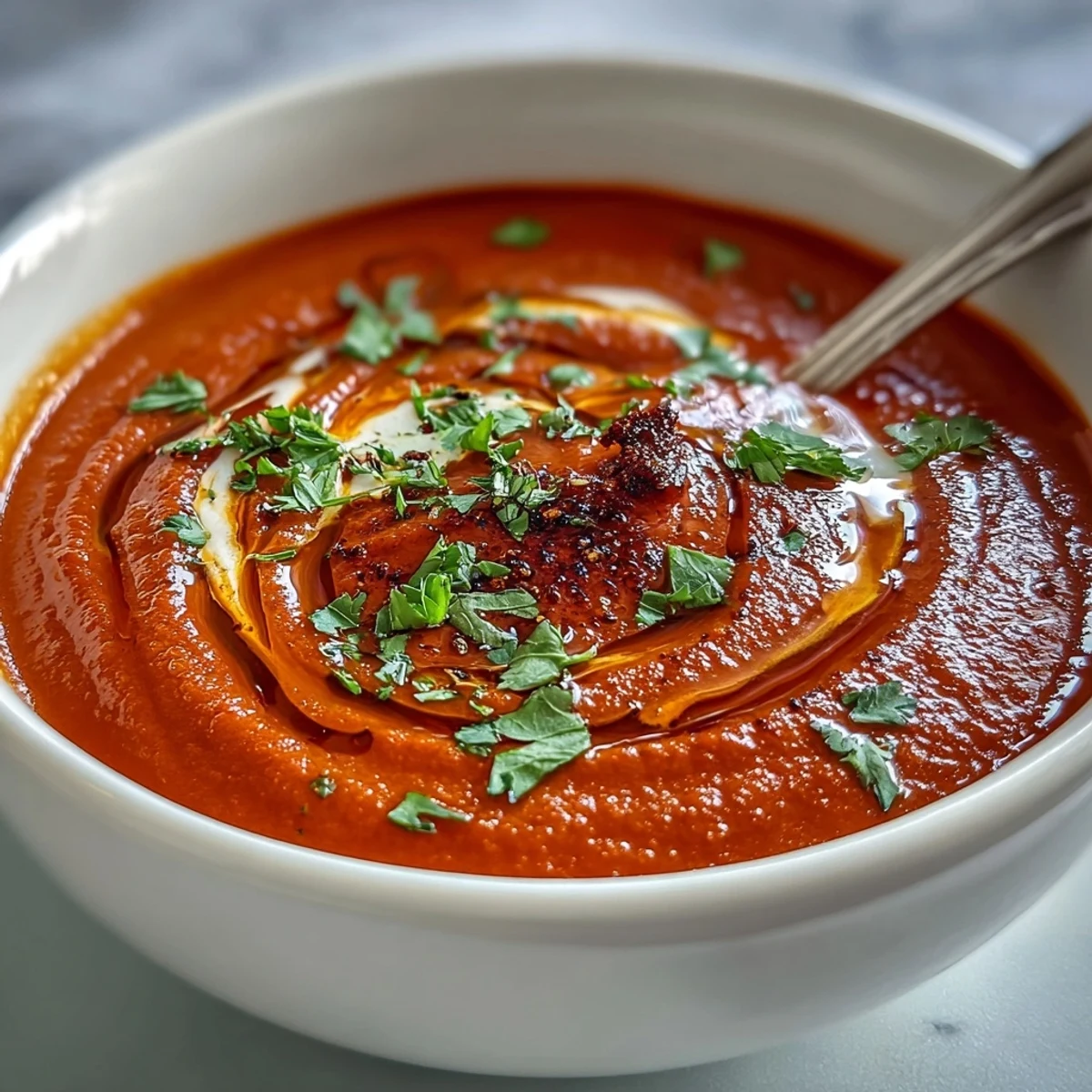 Taste the smoky sweetness of this Roasted Red Pepper Soup, perfect with crusty bread.