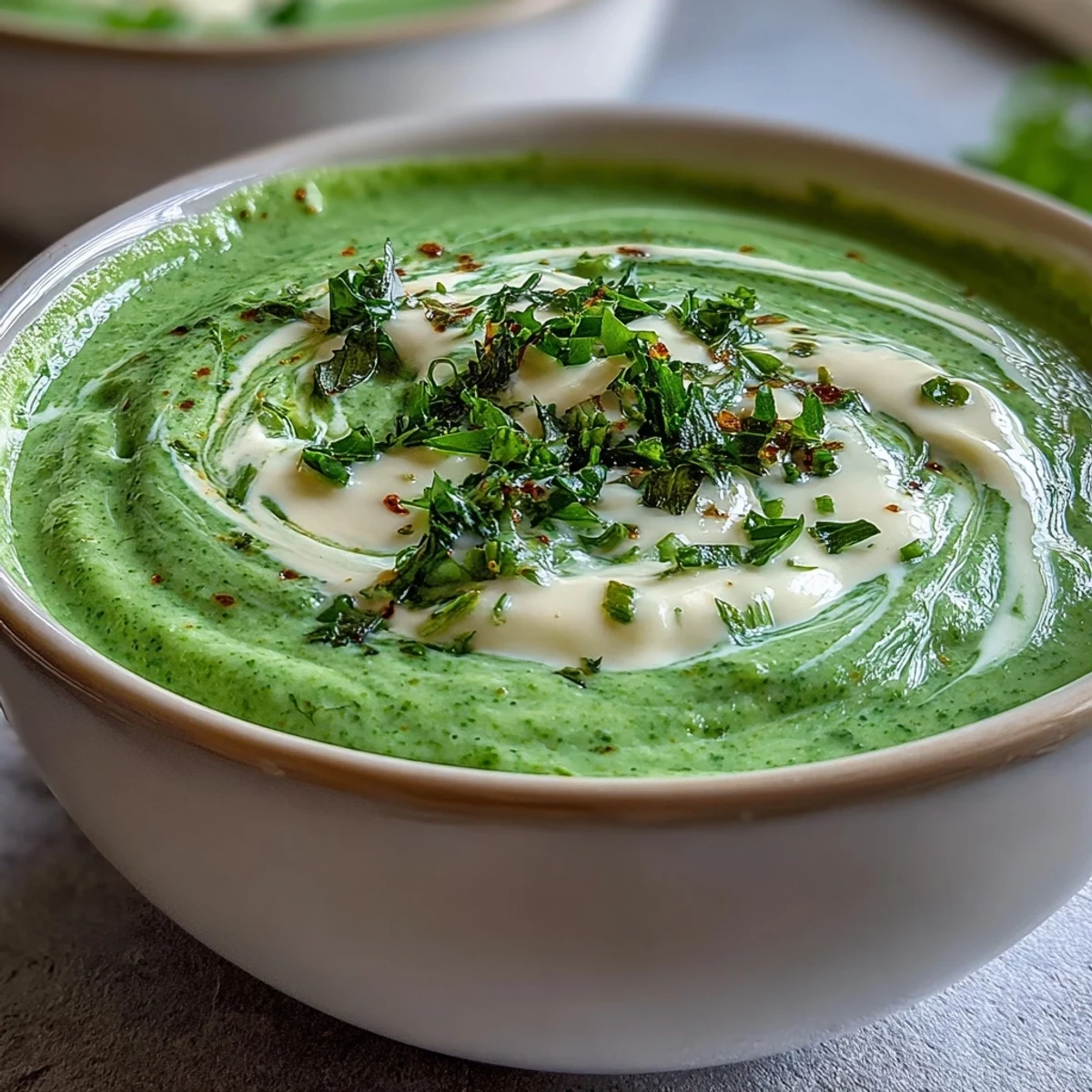A bowl of creamy broccoli soup topped with fresh chives and croutons, served alongside crusty artisan bread for dipping.