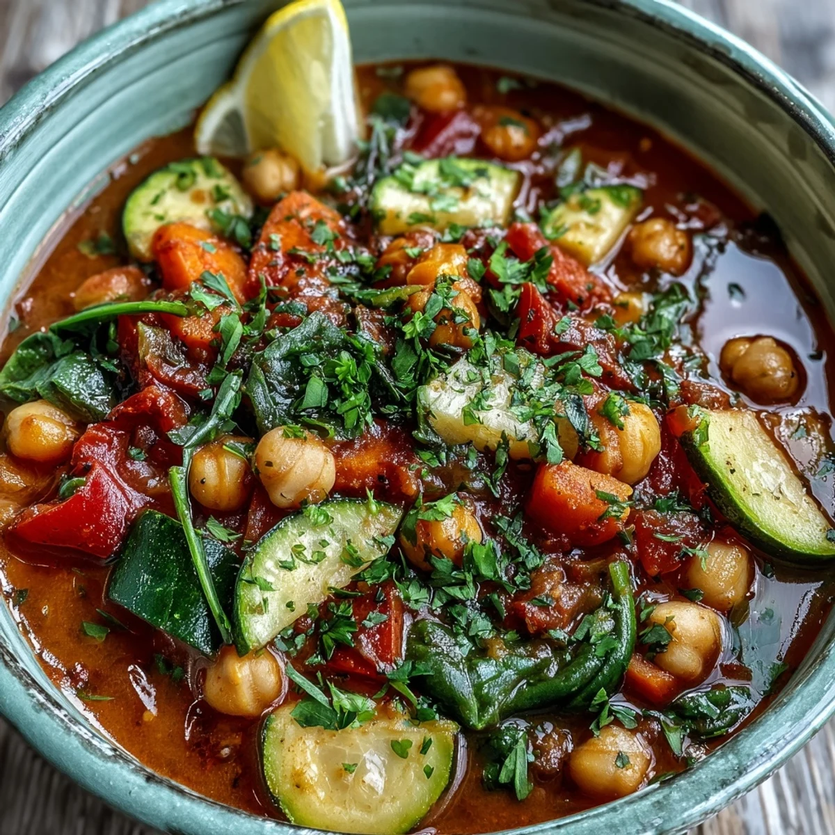 The vibrant red Chickpea Stew, loaded with tender chickpeas and diced zucchini, simmers in a large pot with fresh spinach wilting on top.