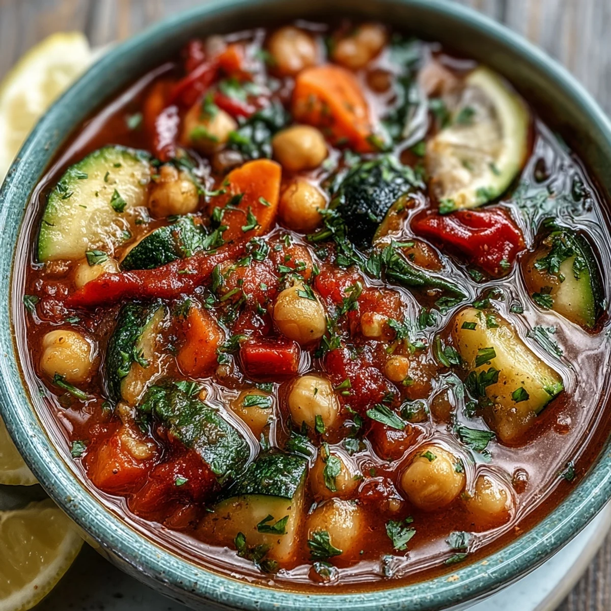 Close-up photo of fresh Chickpea Stew, featuring bright red bell peppers and aromatic spices, garnished with parsley and a wedge of lemon.