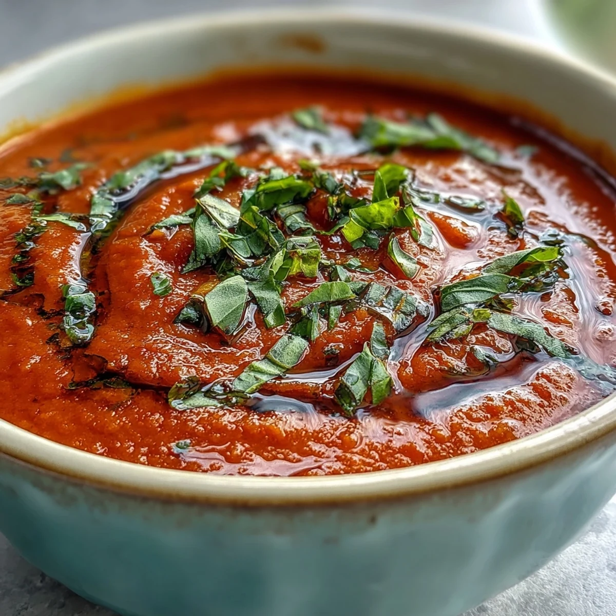 Close-up of creamy tomato and basil soup drizzled with olive oil, fresh basil leaves floating on top, perfect for dipping grilled cheese.