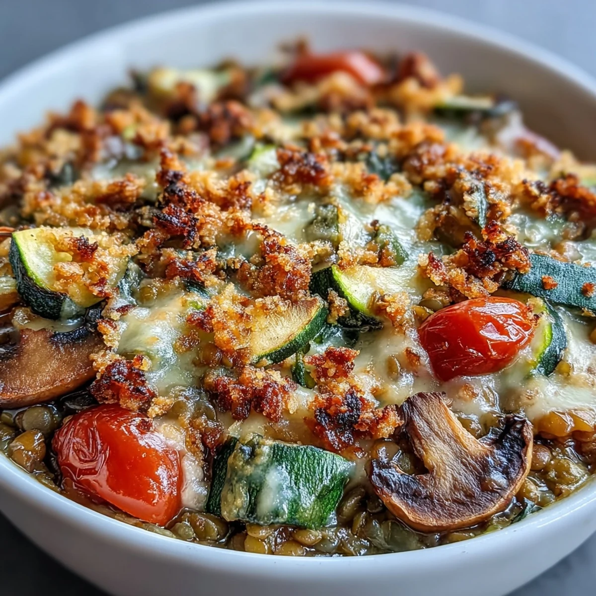 Golden-brown Green Lentil and Vegetable Casserole fresh from the oven, featuring bubbly Parmesan and herb topping. 