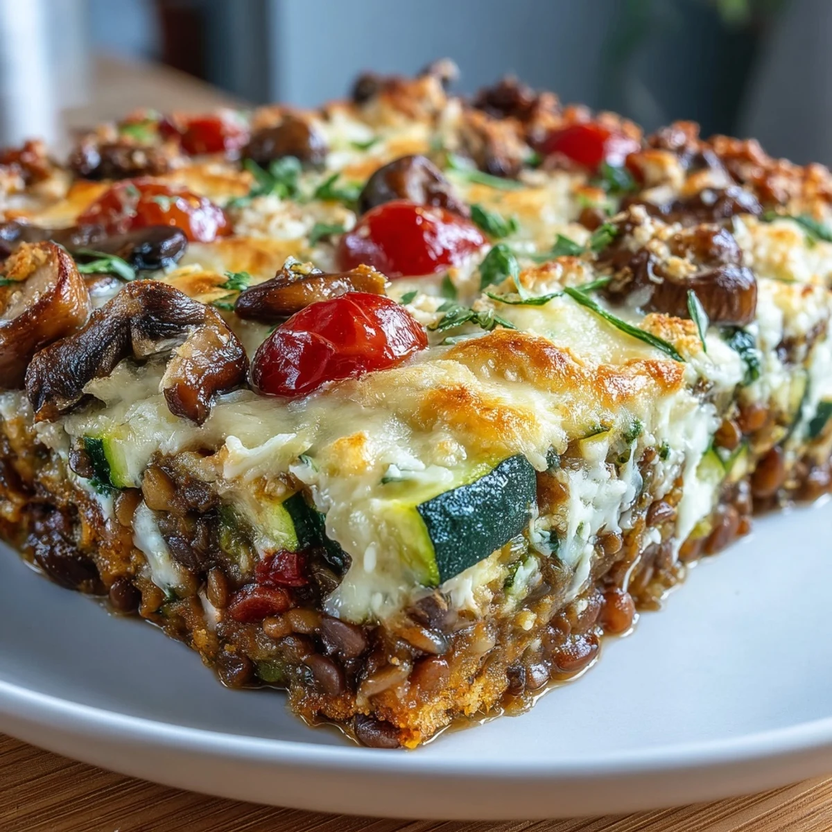 Freshly baked Green Lentil and Vegetable Casserole with vibrant carrots, spinach, and cherry tomatoes on a rustic wooden table. 