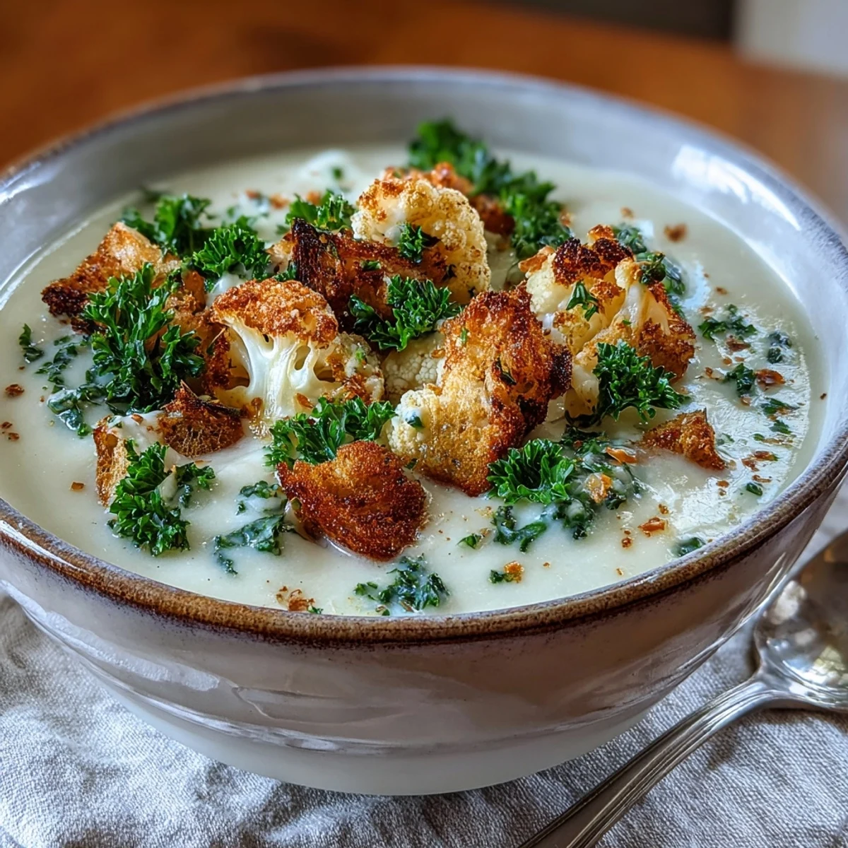 Creamy Cauliflower and Broccoli Soup topped with golden croutons, fresh parsley, and Parmesan in a rustic bowl.