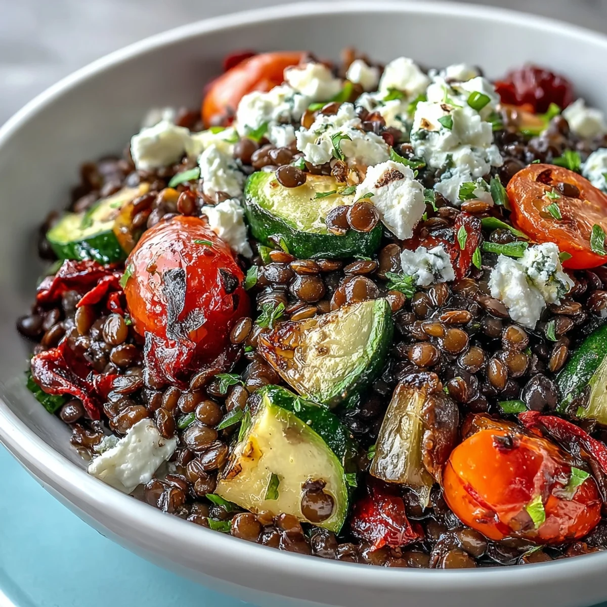 Roasted bell peppers and zucchini shine in this hearty Black Lentil Salad, served warm with zesty lemon dressing.
