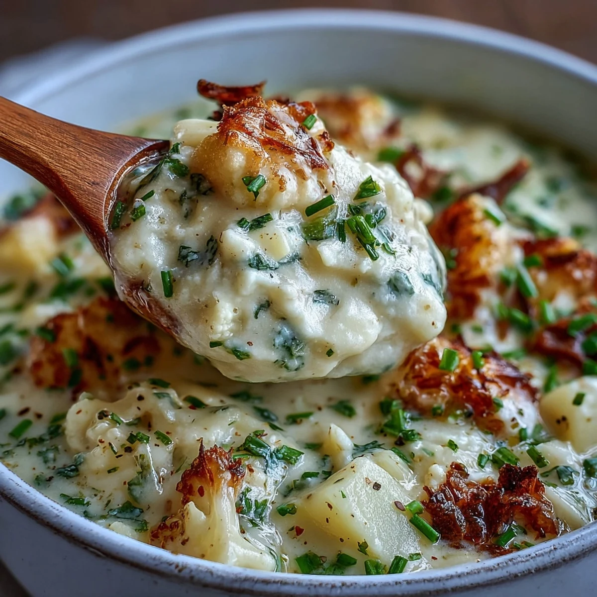 Creamy Vegetarian Cauliflower Chowder served hot, topped with fresh chives and melted cheese in a rustic bowl.