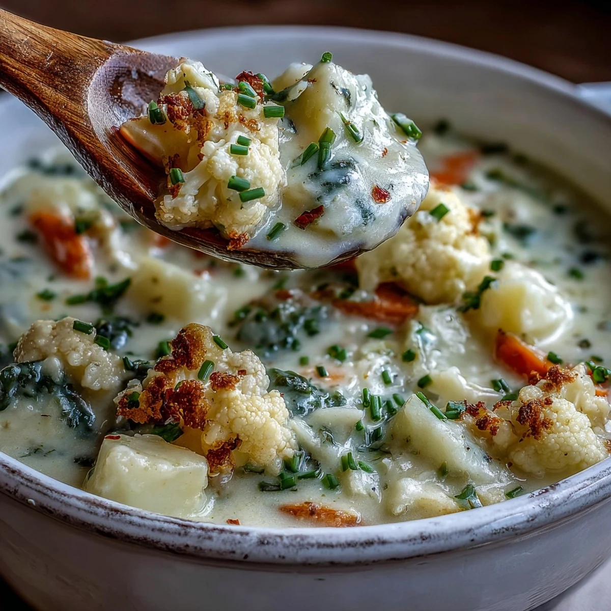 A bowl of Vegetarian Cauliflower Chowder paired with crusty bread, perfect for a comforting dinner.