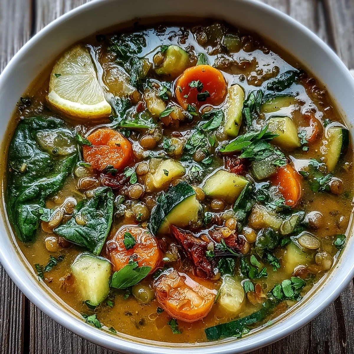 Steaming bowl of hearty Lentil Soup, loaded with tender lentils, carrots, and spinach in a rich, golden broth.