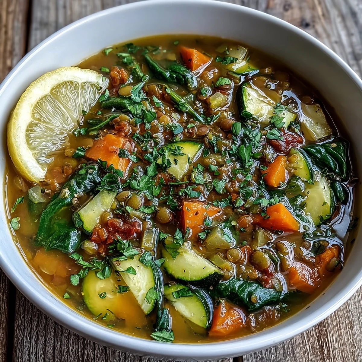 Close-up of homemade Lentil Soup garnished with fresh parsley and a lemon wedge, served with crusty artisan bread.