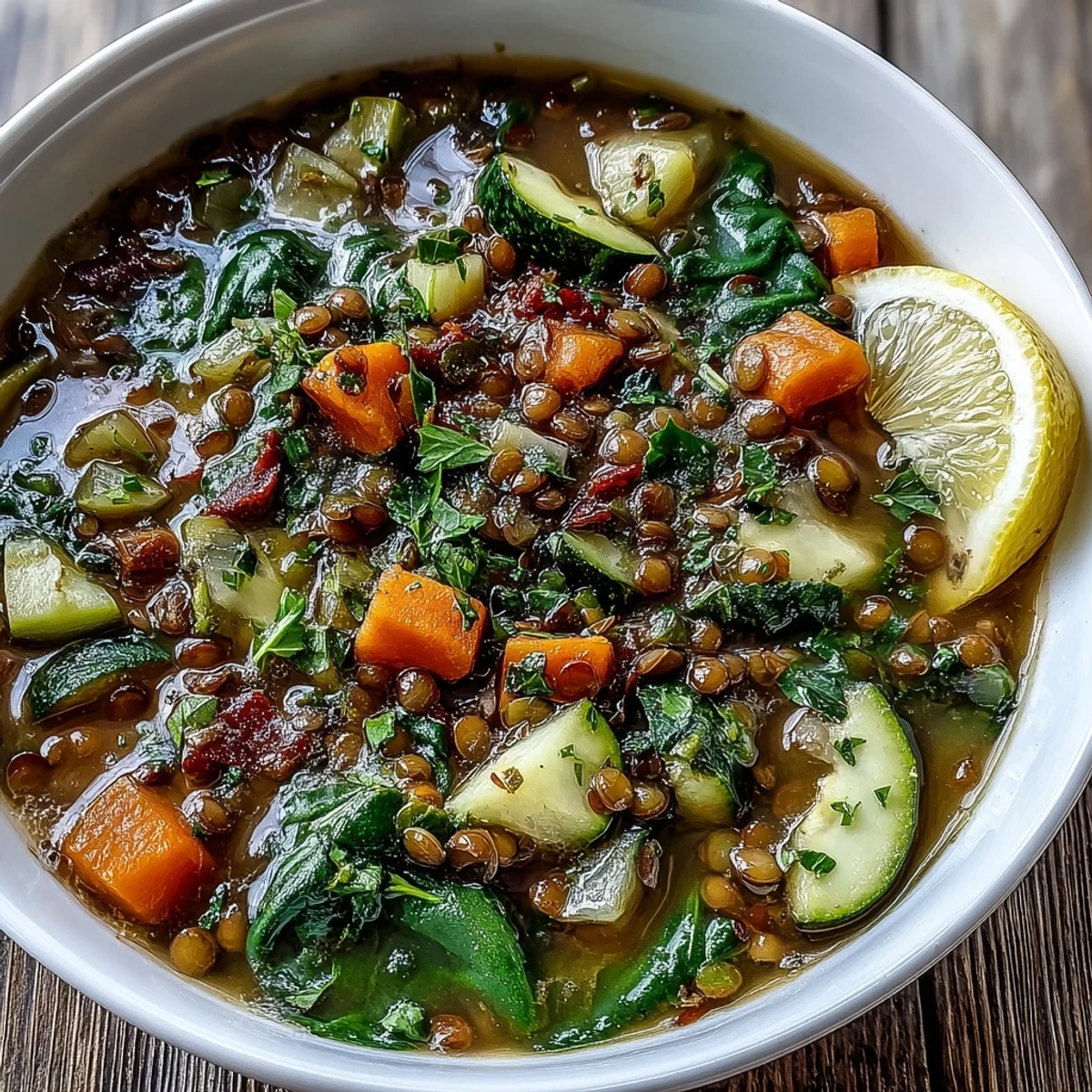 Vibrant, protein-packed Lentil Soup featuring zucchini, celery, and smoked paprika spices in a rustic ceramic bowl.