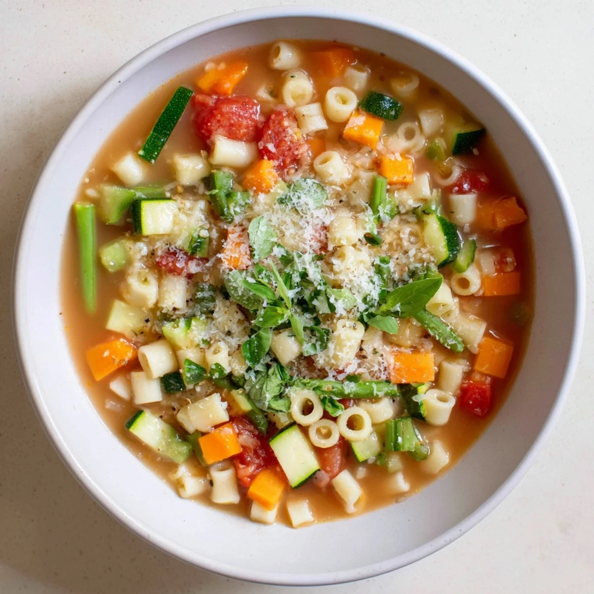 A hearty bowl of homemade Minestrone Vegetable Soup, brimming with colorful beans, pasta, and garden vegetables, garnished with fresh parsley and grated Parmesan.