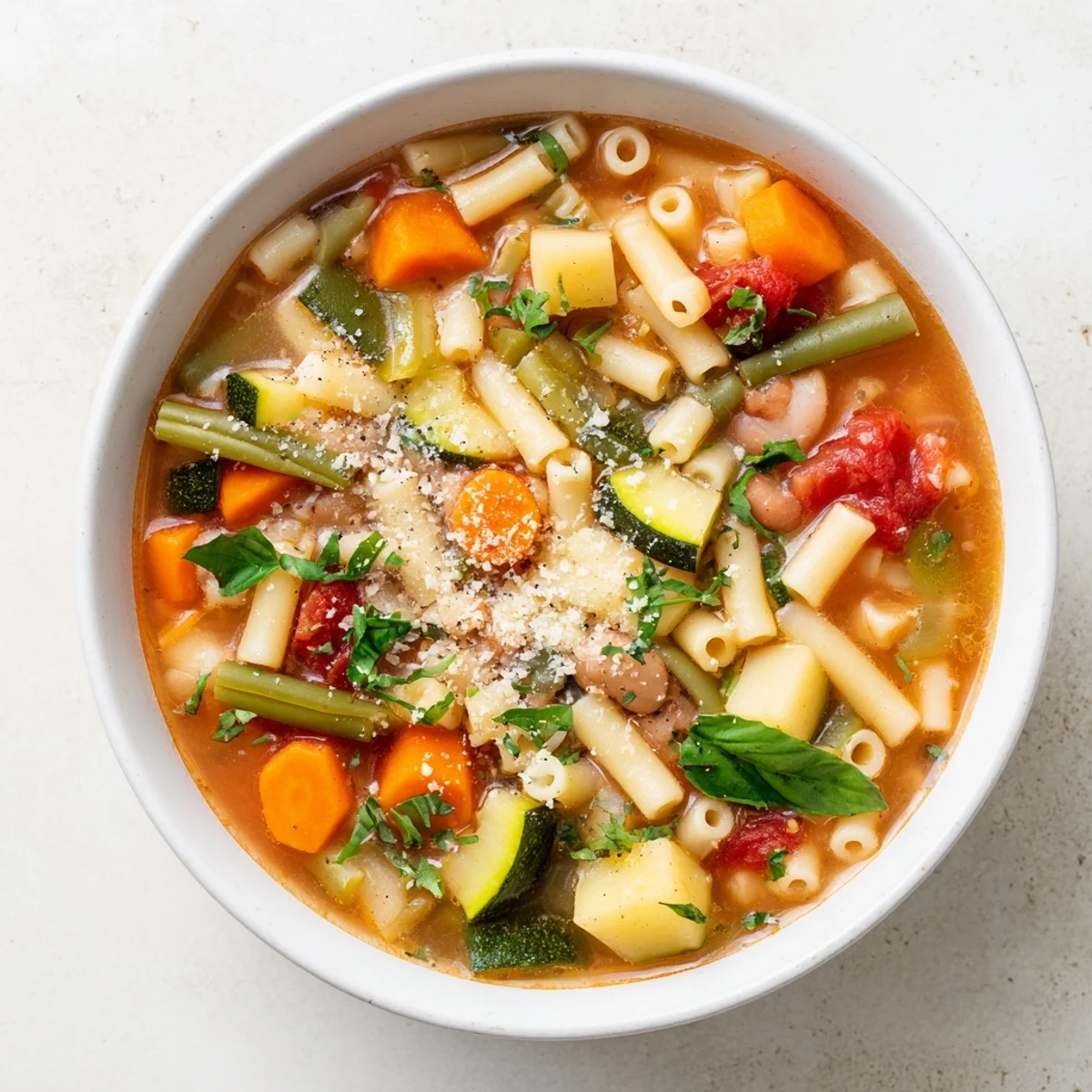 Hearty Minestrone Vegetable Soup simmering in a pot, featuring diced carrots, zucchini, and cannellini beans in a rich tomato broth with herbs.