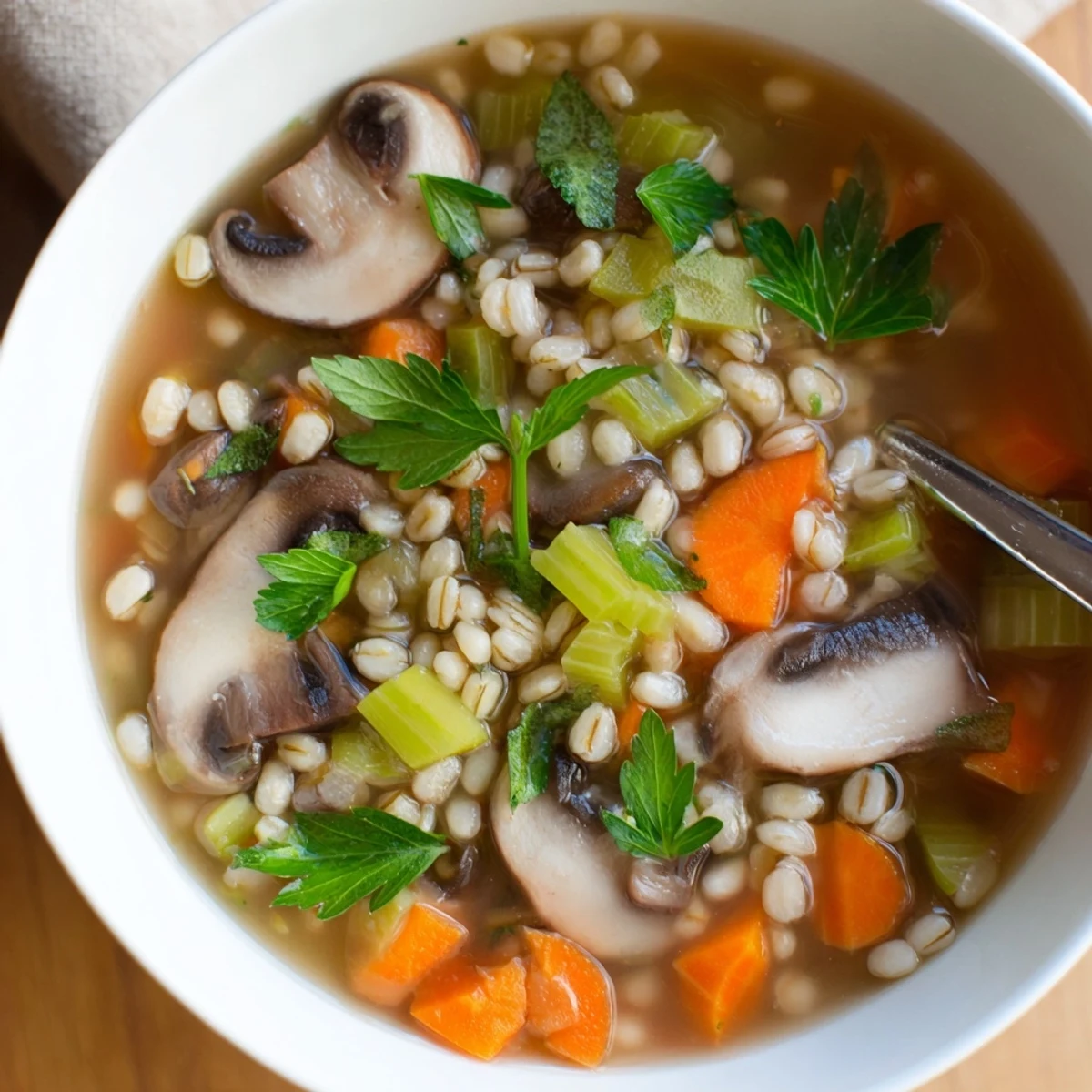 A warm bowl of Mushroom and Barley Soup, featuring tender mushrooms and chewy barley in a hearty, rustic broth.