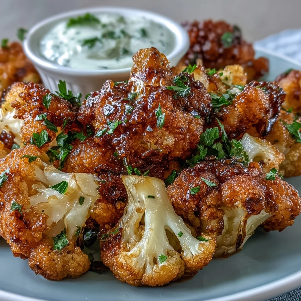 Golden-brown Cauliflower Bhajis are stacked on a plate with a small bowl of minty yogurt dip.