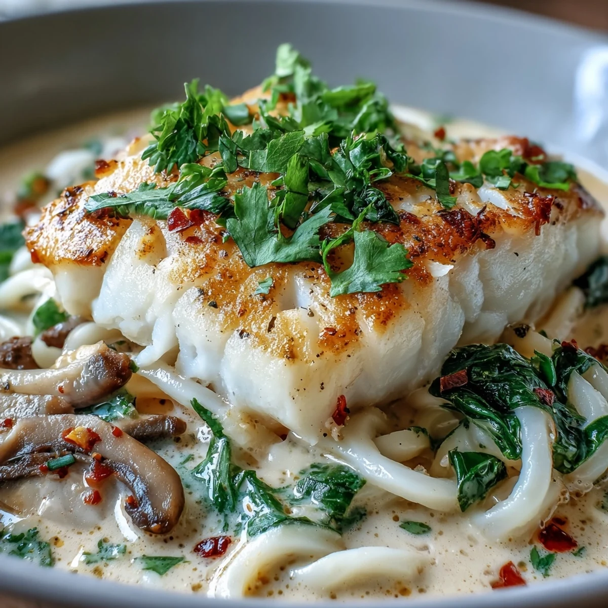 Flaky poached cod rests in a fragrant, spicy coconut broth, served over silky udon noodles with fresh herbs.