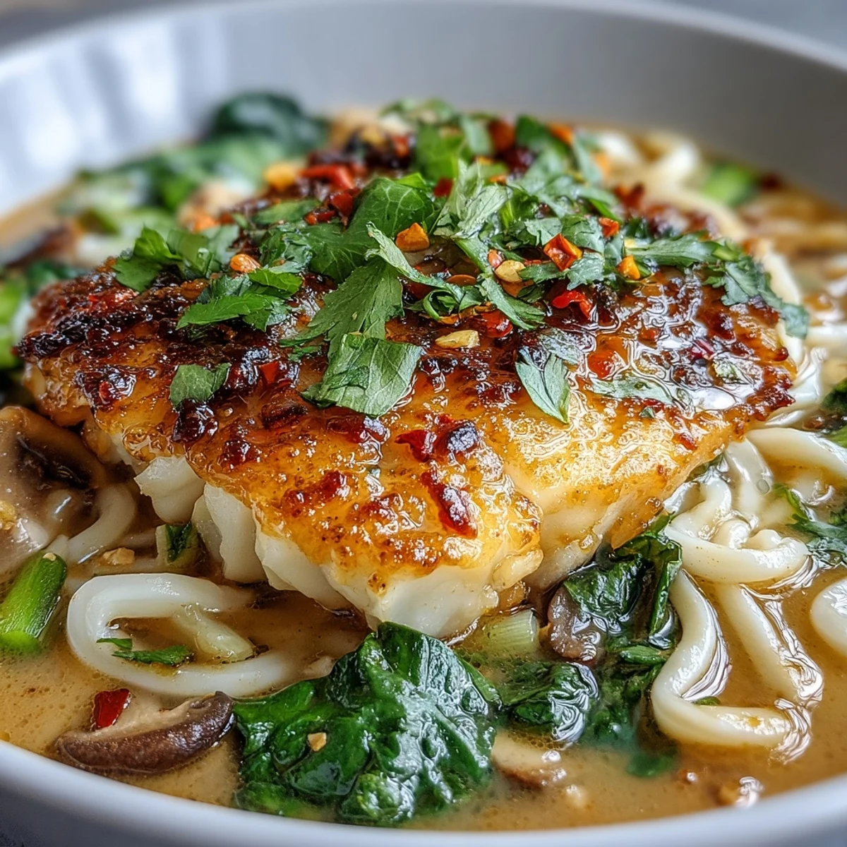 Easy Asian fusion dinner: tender Poached Cod With Spiced Coconut Broth and Udon Noodles, garnished with cilantro and a lime wedge.