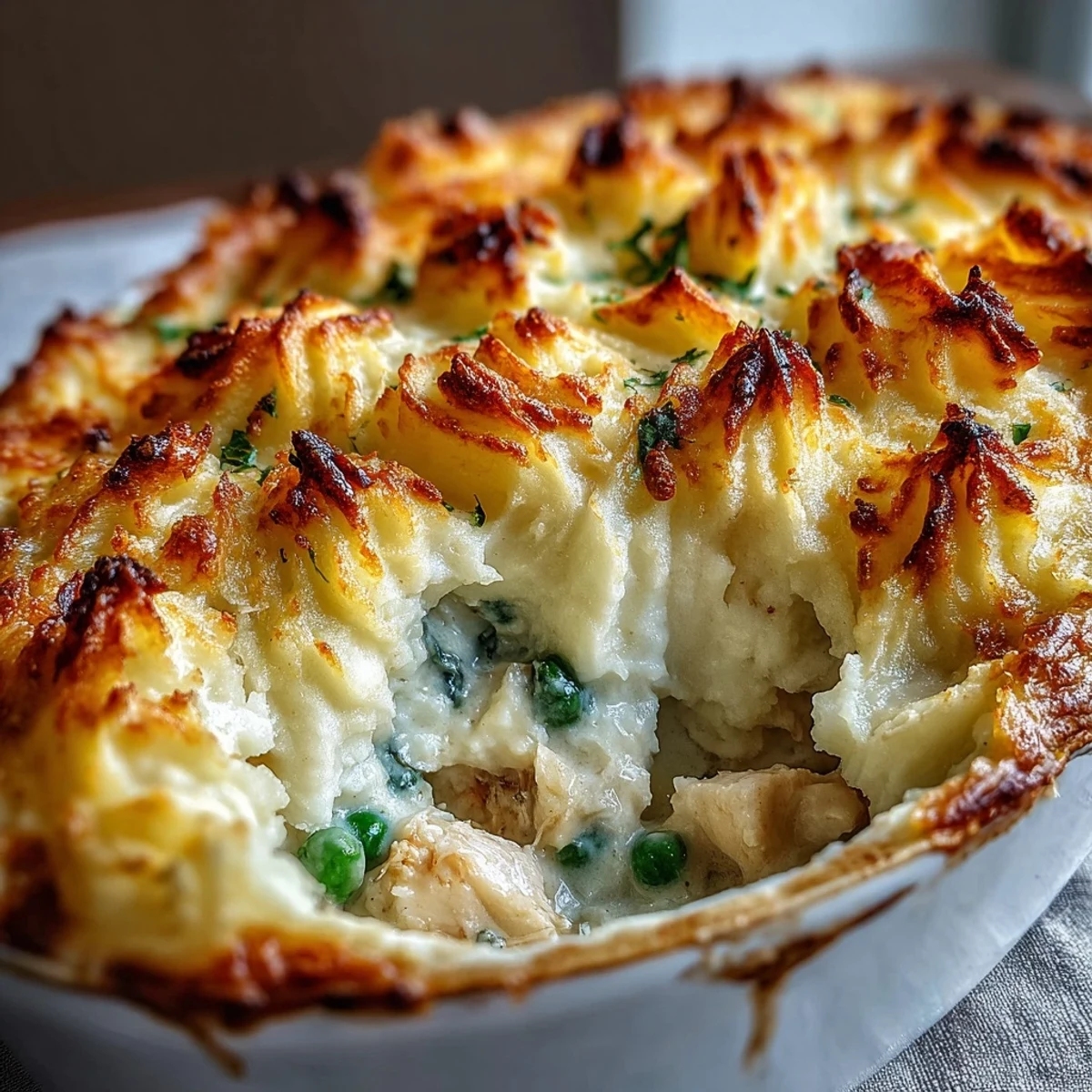 Spoon serving a portion of Curried Fish Pie revealing fragrant curry sauce with tender fish and fluffy potatoes.