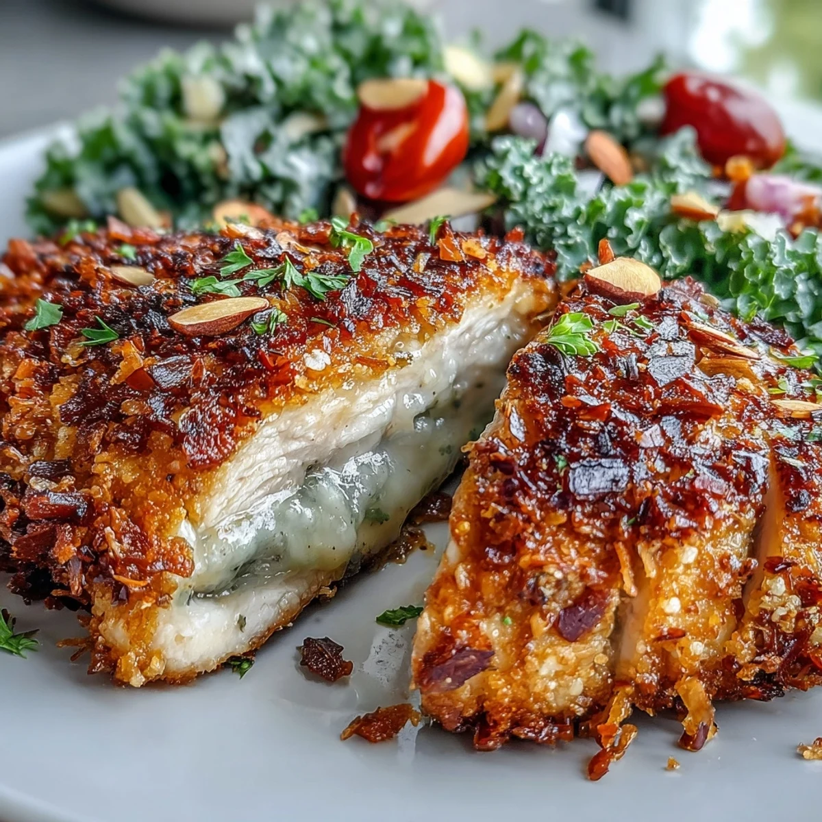 Freshly baked almond-crusted chicken is served over a colorful kale and sumac salad with cherry tomatoes and thinly sliced red onion.
