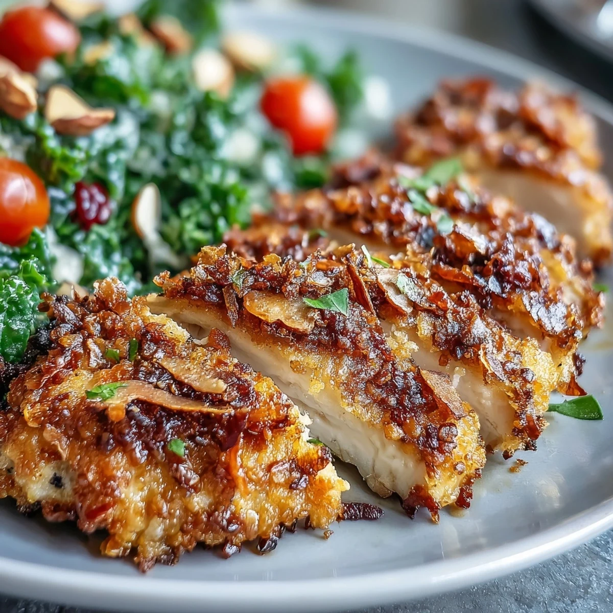 Golden-brown almond-crusted chicken rests beside a vibrant bowl of marinated kale and sumac salad, garnished with toasted slivered almonds.