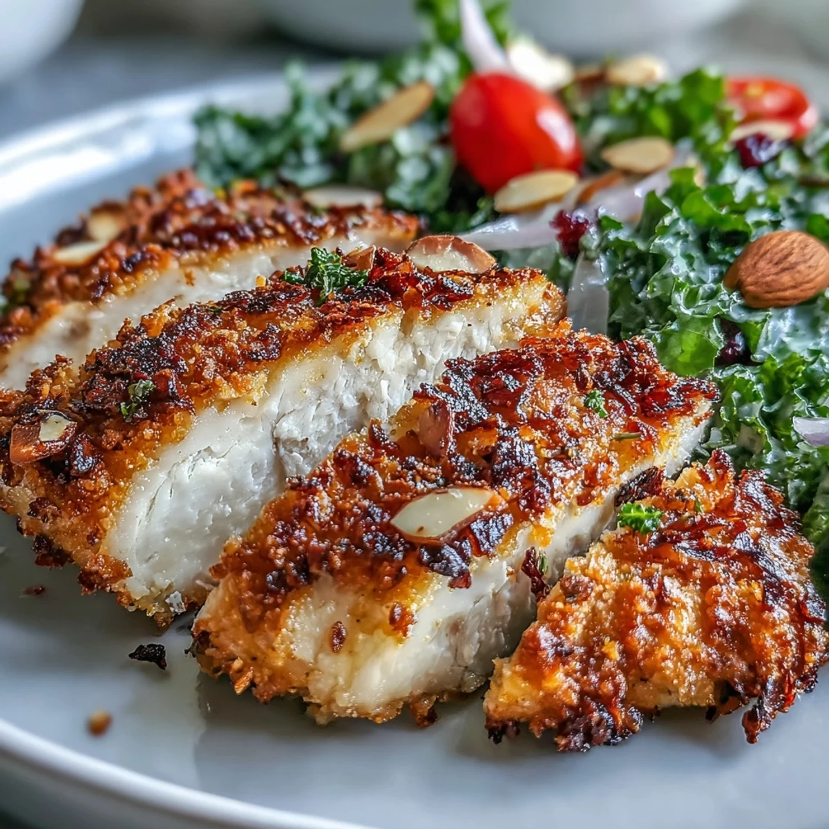 A close-up view shows crispy, golden chicken topped with a zesty kale salad featuring fresh parsley and a sprinkle of sumac.