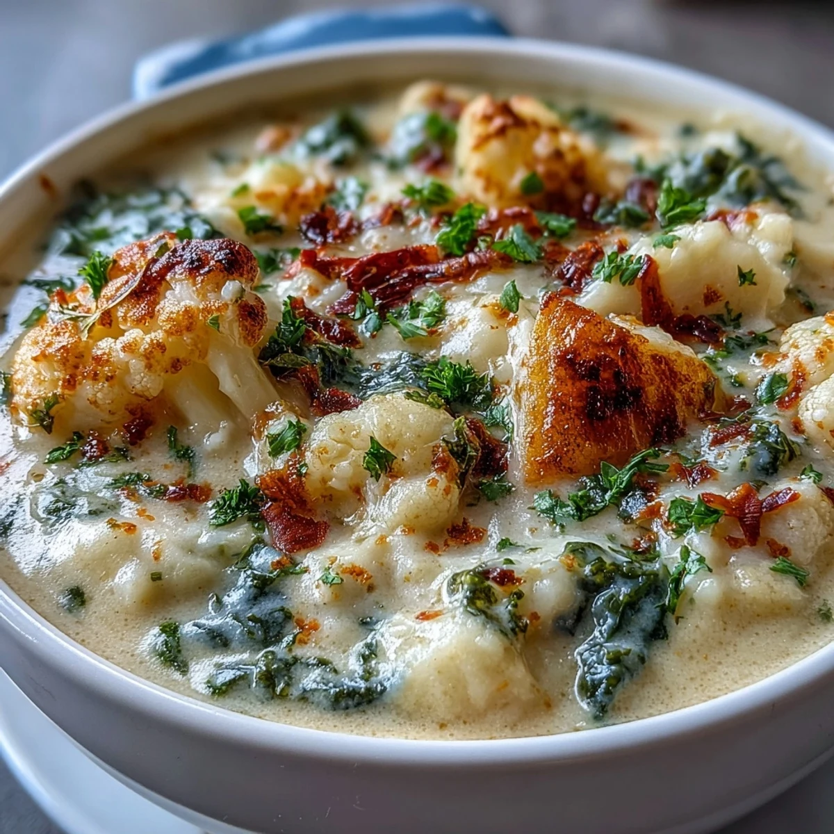 Vegetarian Cauliflower Chowder with tender cauliflower, potatoes, and carrots steaming in a bowl.