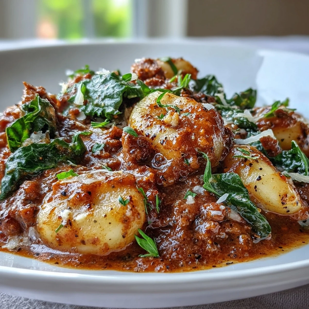 Steaming gnocchi and spicy Italian sausage rest in a rich tomato sauce with wilted kale. Sausage Gnocchi with Kale is ready for weeknight family-style serving.
