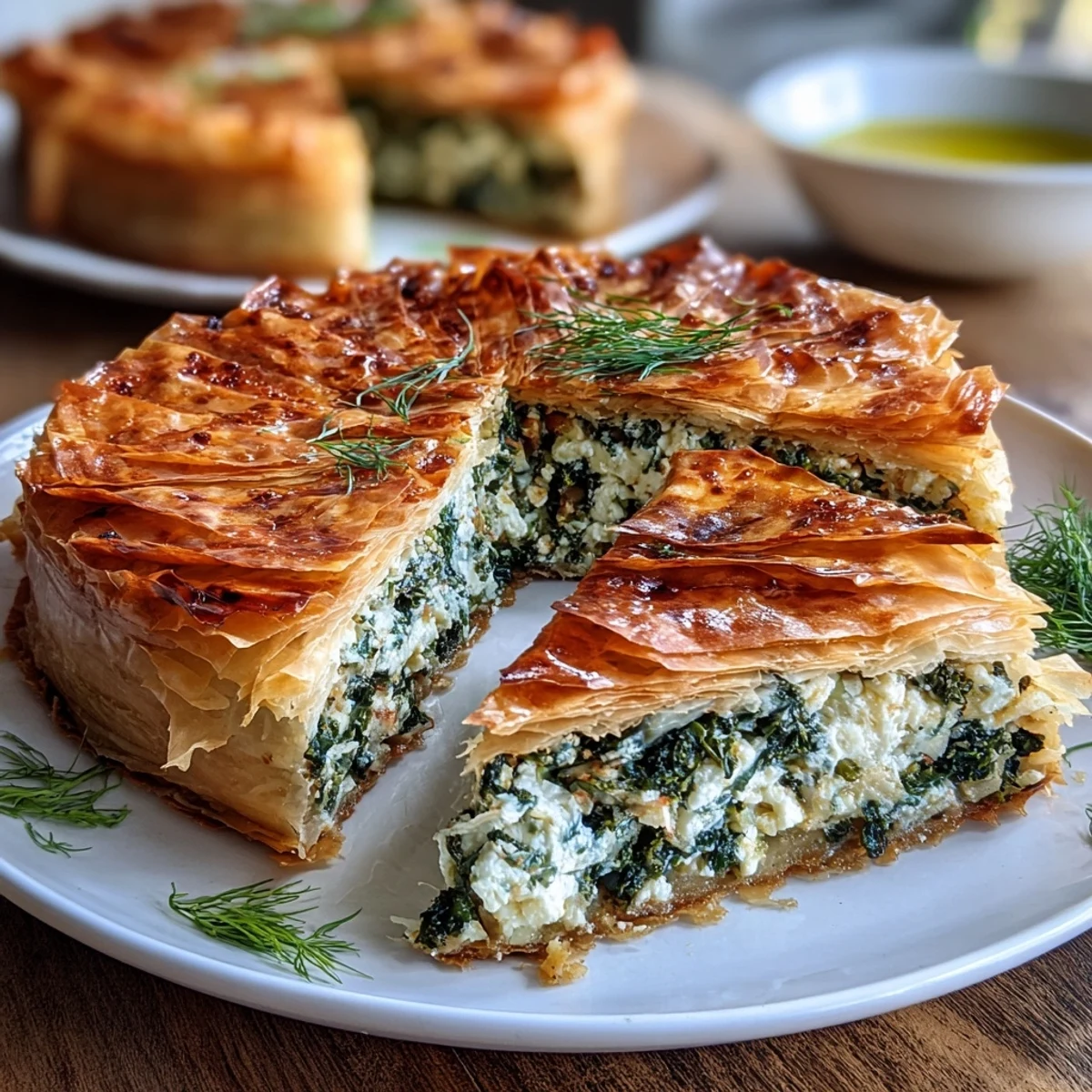 A freshly baked Feta and Kale Börek cut into slices, revealing vibrant greens.