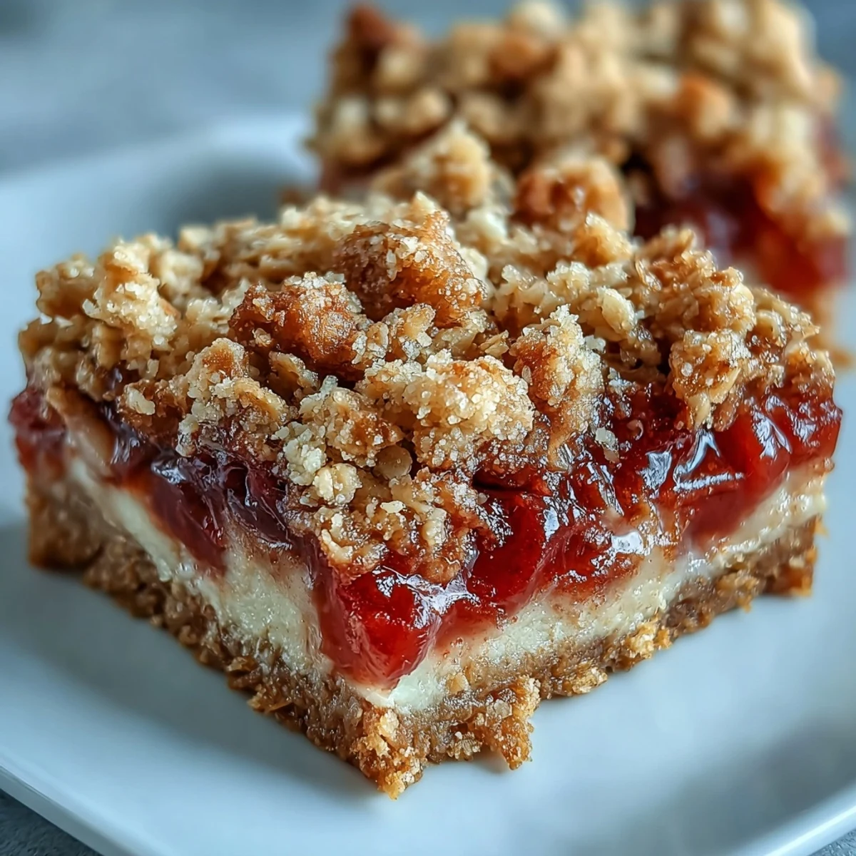 Golden baked Rhubarb and Custard Crumble Bars with a buttery oat topping.