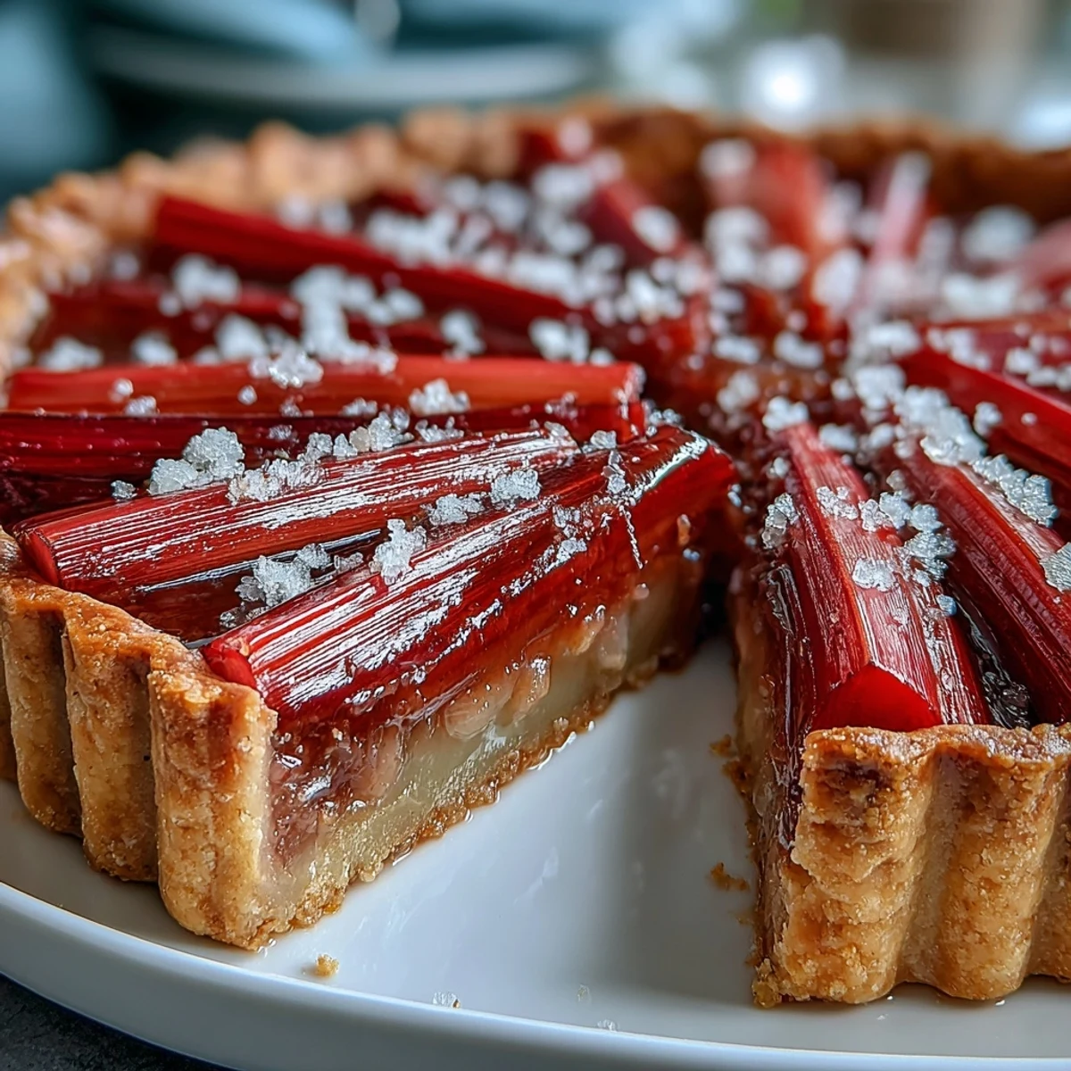 Rhubarb, White Chocolate, and Elderflower Tart with tangy roasted rhubarb strips over a creamy custard filling on a white plate.