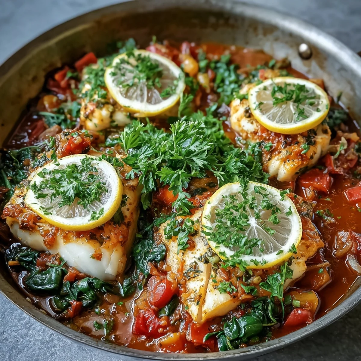 A steaming bowl of Spiced Cod One Pot with wilted spinach and lemon, ready to enjoy with crusty bread.