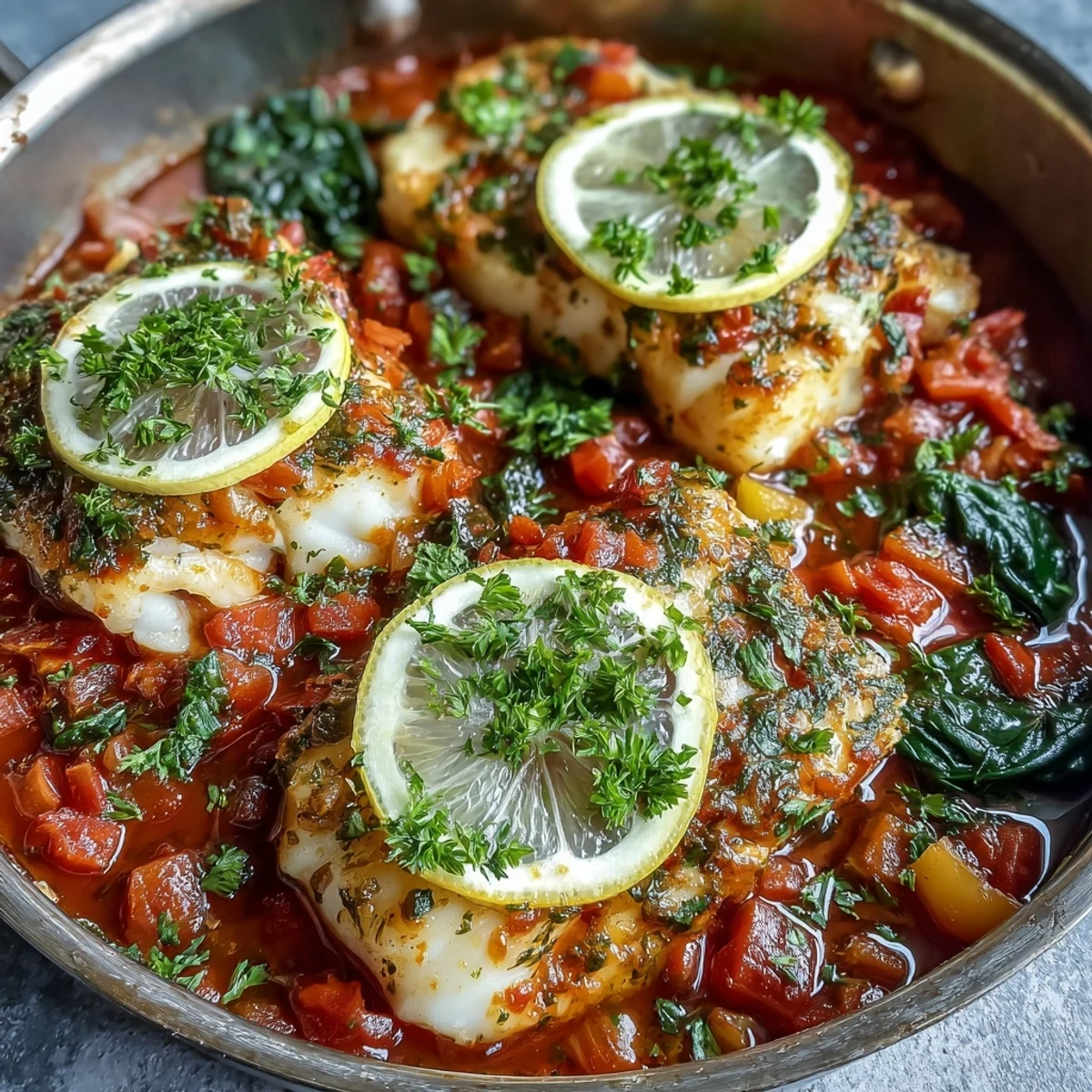 Golden flaky Spiced Cod One Pot served in a rustic skillet with fresh lemon wedges and herbs. 