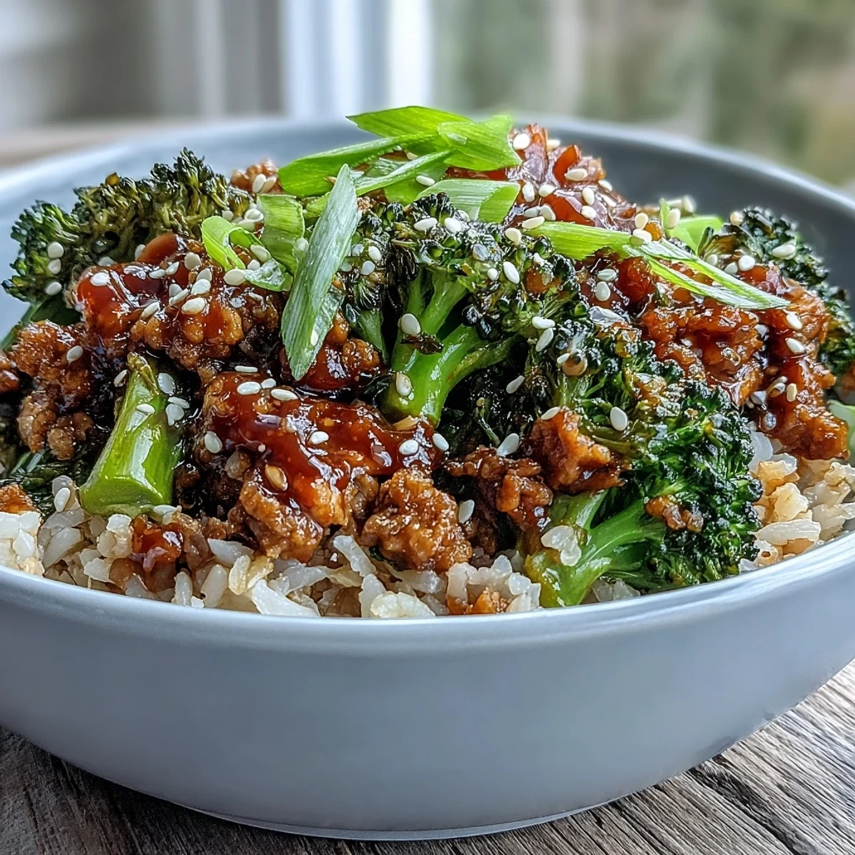 Golden-brown ground turkey in a sweet and spicy sriracha glaze is spooned over fluffy brown rice, topped with bright green steamed broccoli florets and a sprinkle of sesame seeds. 