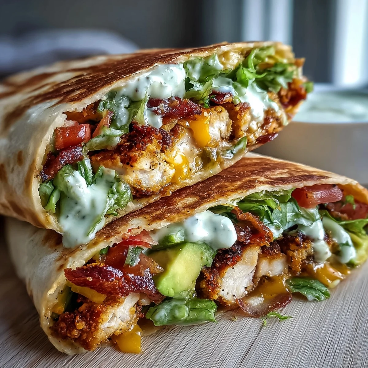 Golden-seared crispy chicken and smoky bacon fill a warm, toasted tortilla with melted cheddar and fresh toppings.