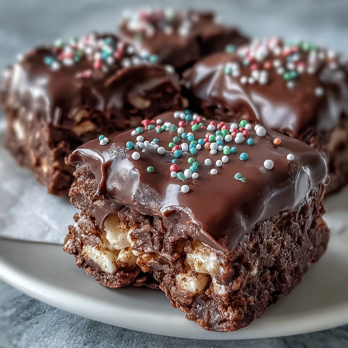 Stacked squares of chocolate covered Rice Krispy Treats, showcasing a crispy marshmallow base and generous sprinkle garnish.