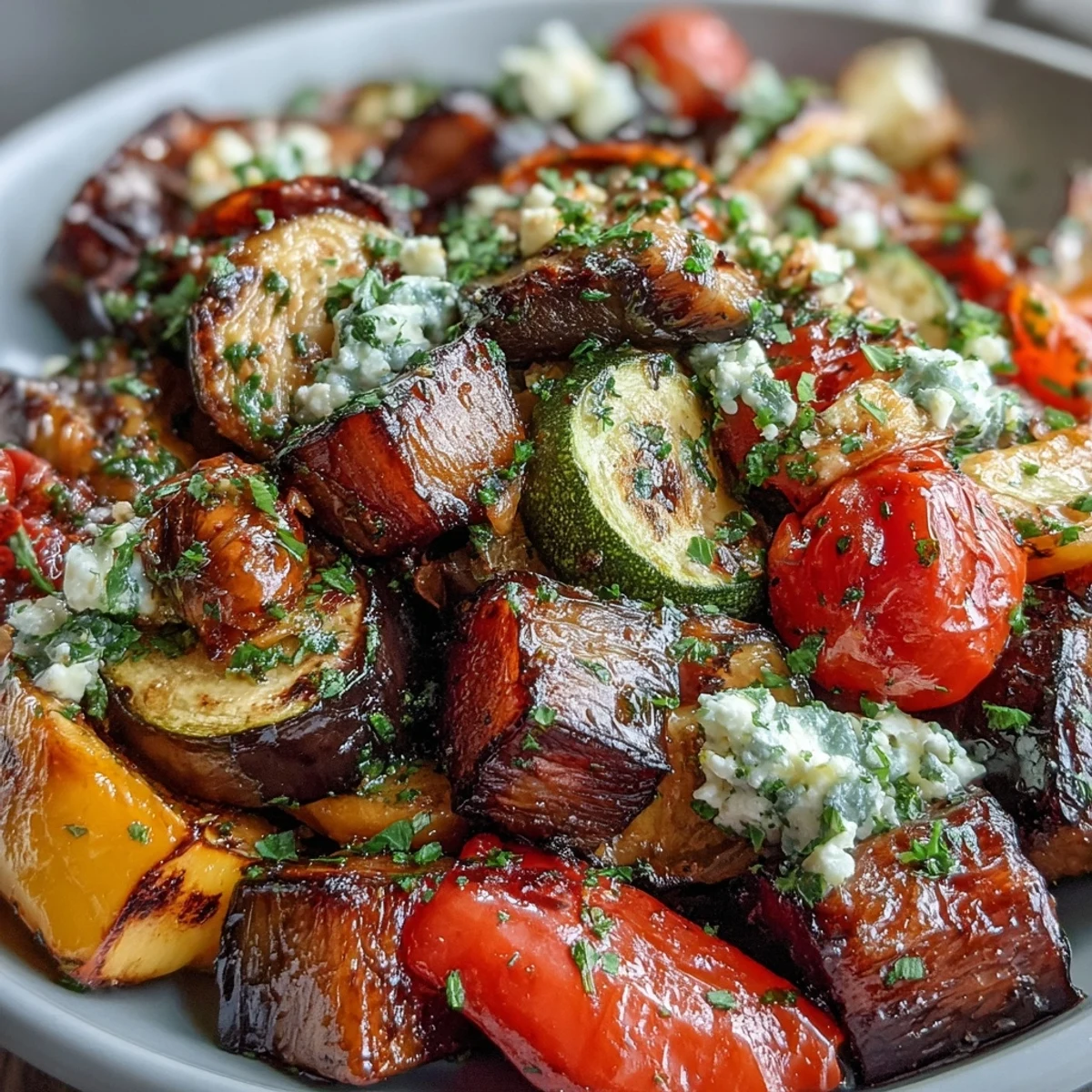 Golden-brown Roasted Mediterranean Greek Vegetables fresh from the oven, featuring caramelized eggplant, zucchini, and peppers.