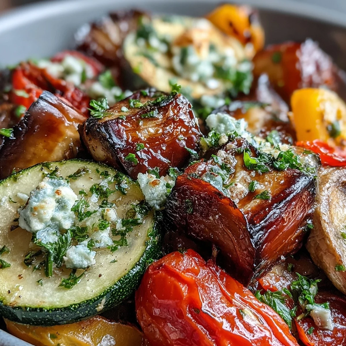 A colorful skillet of Roasted Mediterranean Greek Vegetables with juicy tomatoes and olives, ready to serve.