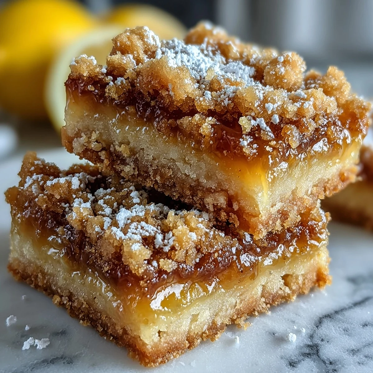 Freshly baked Homemade Lemon Crumb Bars show golden crumbs over bright yellow lemon filling in a square pan.