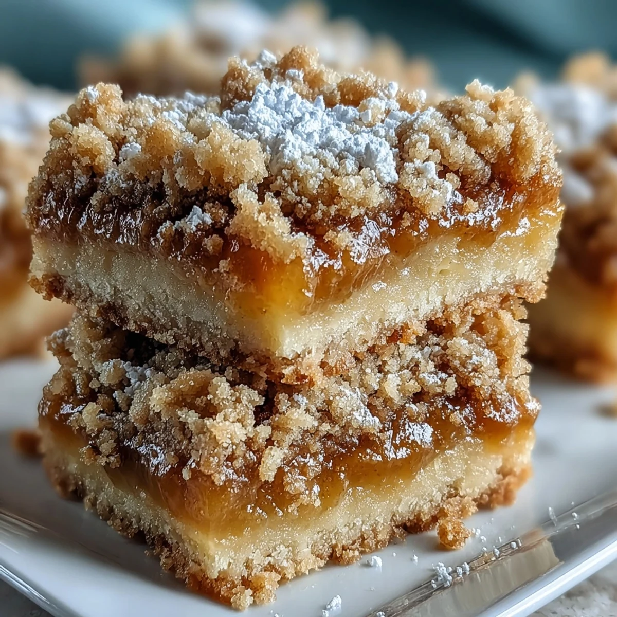 A single stacked bar reveals tender crumb topping and zesty lemon layer, served on a white plate with tea.