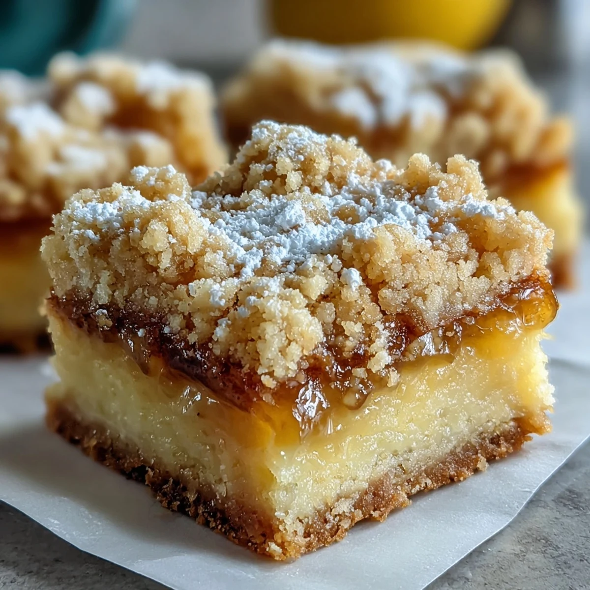 Overhead view of Homemade Lemon Crumb Bars cut into squares, powdered sugar dusting, ready to serve at a summer picnic.