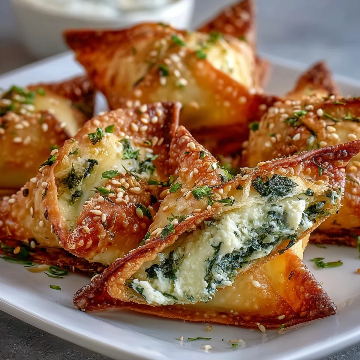 Golden Mediterranean spinach and feta crisps baked in wonton cups, garnished with fresh parsley and lemon zest on a rustic wooden board.  