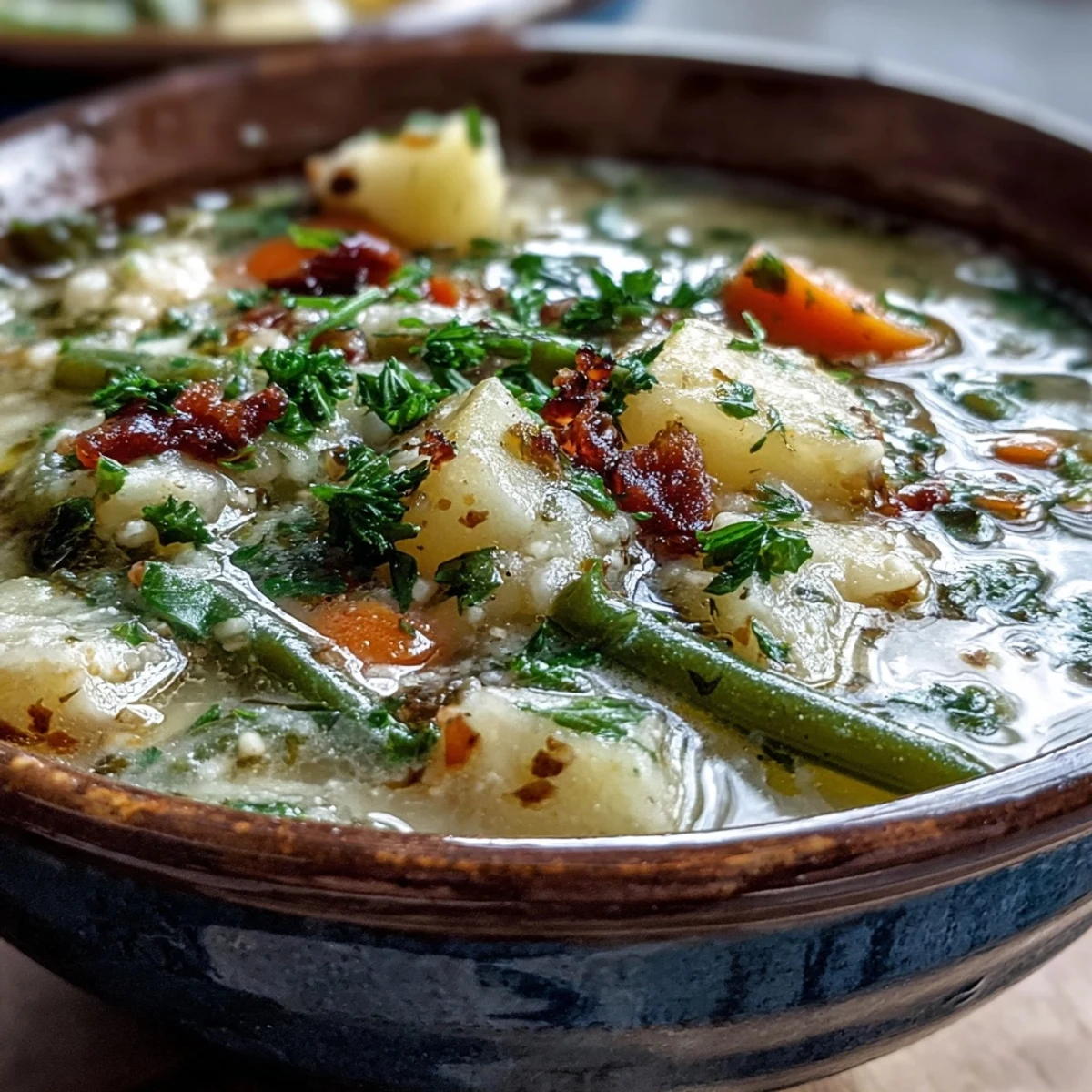 Creamy Amish Snow Day Soup with tender vegetables and herbs simmering in a savory broth, served hot in a rustic bowl.