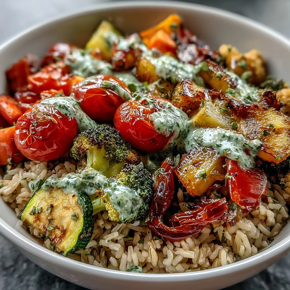 Vegan Rainbow Roasted Vegetable Bowl garnished with fresh basil and served on a white plate.