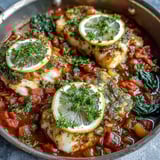 Golden flaky Spiced Cod One Pot served in a rustic skillet with fresh lemon wedges and herbs. 