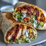 Crispy Chicken Bacon Wrap rests on a plate beside creamy sauce and vibrant diced tomatoes and avocado.