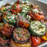 Tender Roasted Mediterranean Greek Vegetables topped with crumbled feta and fresh parsley on a rustic platter.