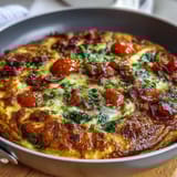 Fluffy one-pan ham and cheese frittata with spinach and tomatoes, golden and bubbling from the oven.