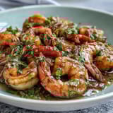 One-Pot Garlic Shrimp with Angel Hair pasta in a skillet with fresh vegetables and lemon sauce.