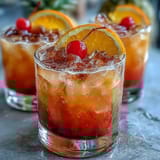 Refreshing grenadine sunrise mocktail in a tall glass, featuring a gradient of citrus juices, fizzy finish, and orange slice garnish.