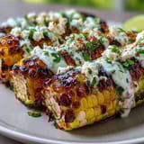 Smoky grilled corn elote topped with tangy sauce, crumbled cheese, and fresh cilantro for authentic Mexican street food flavor.